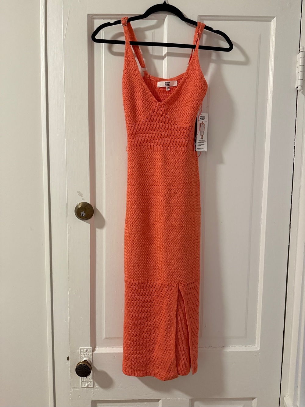 Sleeveless Orange Knit Maxi Dress with V-Neck and Front Slit